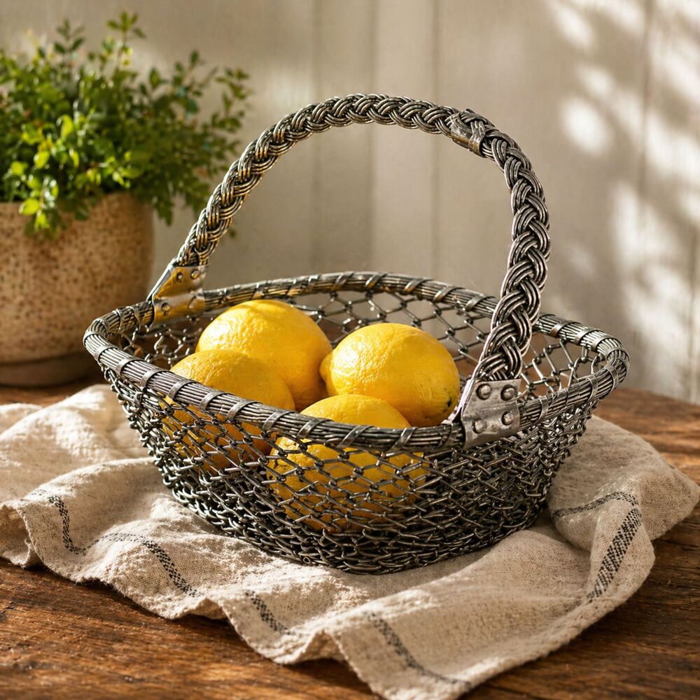 Vintage Woven Metal Wire Basket Braided Handle Rustic Farmhouse Decor Storage